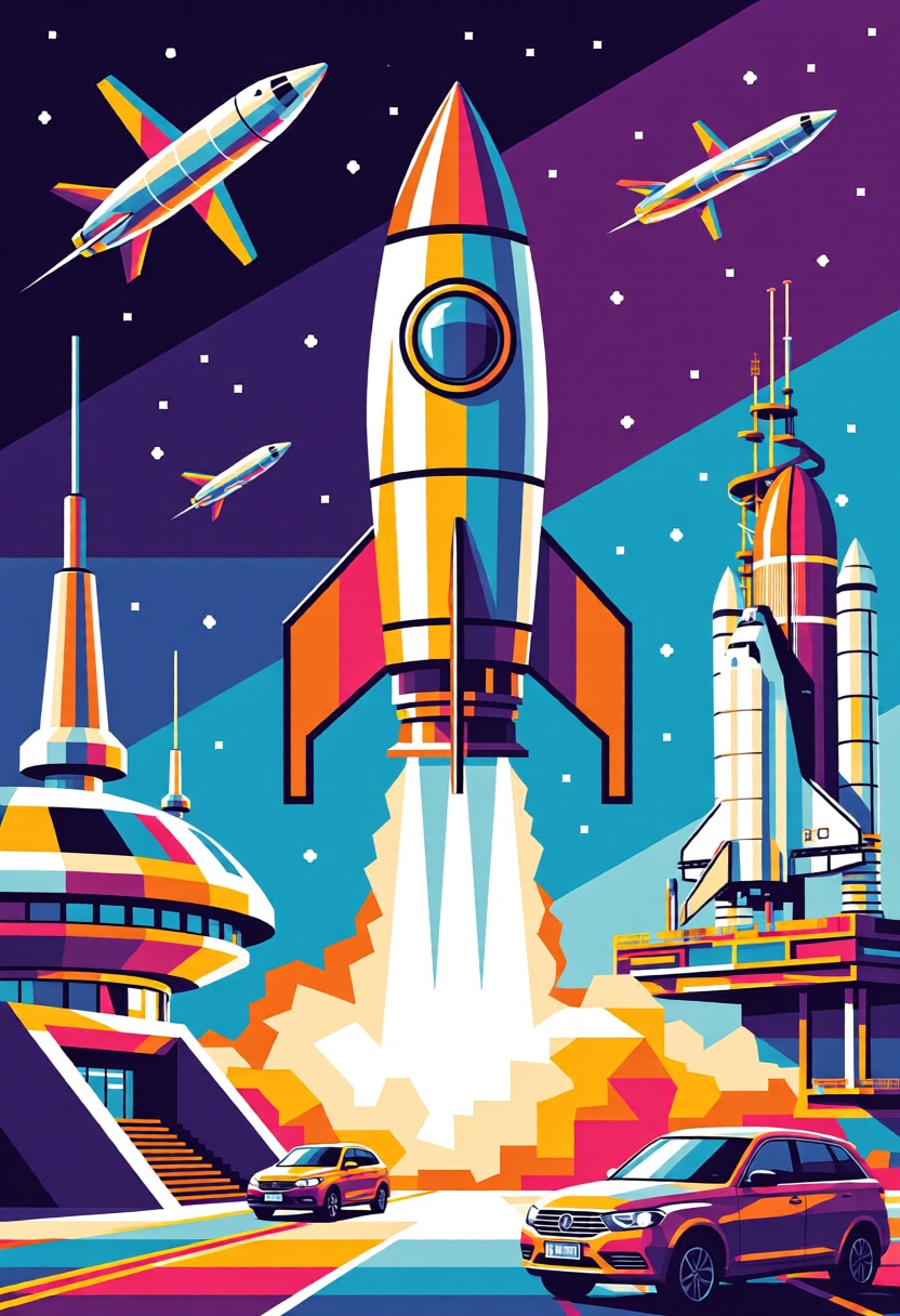 A complex WPAP scene of a retro rocketship launching from a futuristic spaceport,  with all elements rendered in a clean,...