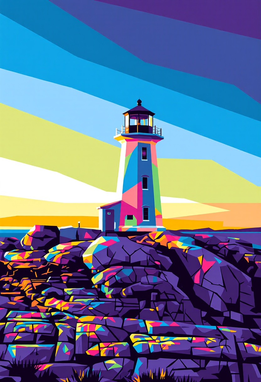 A serene WPAP image of a lone lighthouse on a rocky shore,  with the lighthouse,  water on Tensor.Art