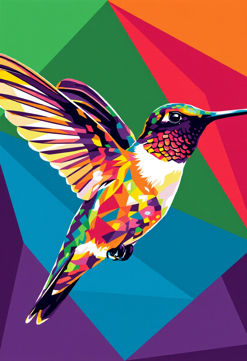 An energetic WPAP image of a hummingbird in flight,  with its feathers and motion depicted through a mosaic of bold,  angu...