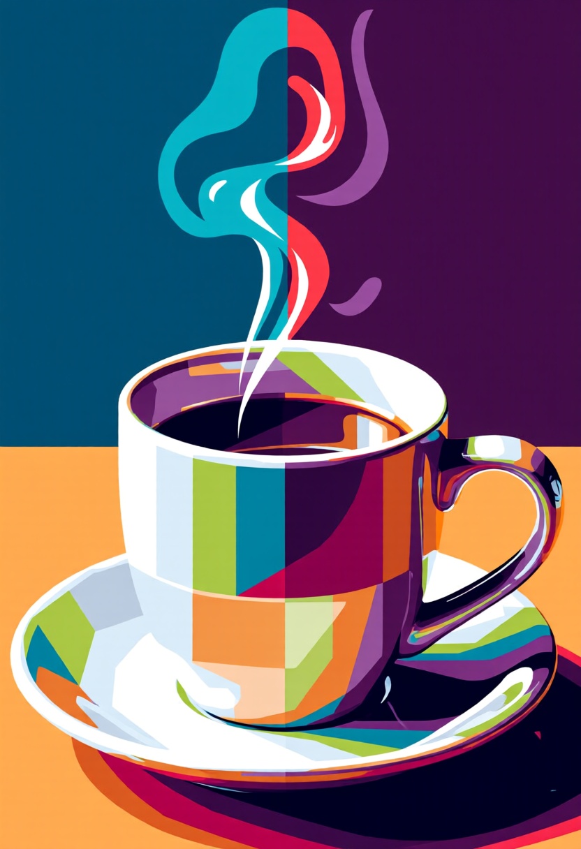 A detailed WPAP still life of a coffee mug and a steaming cup of coffee,  with the steam,  handle on Tensor.Art
