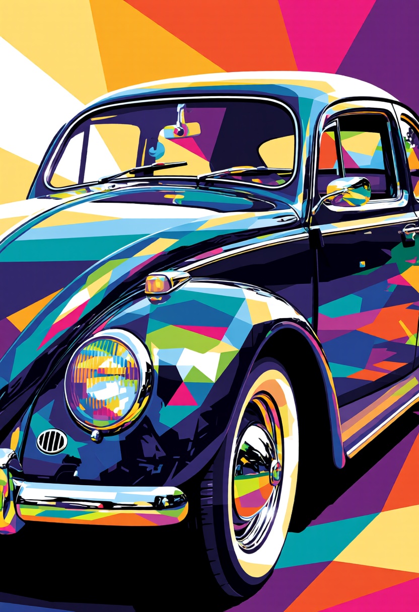 A striking WPAP depiction of a classic vintage car,  with its smooth curves and chrome surfaces transformed into a complex...