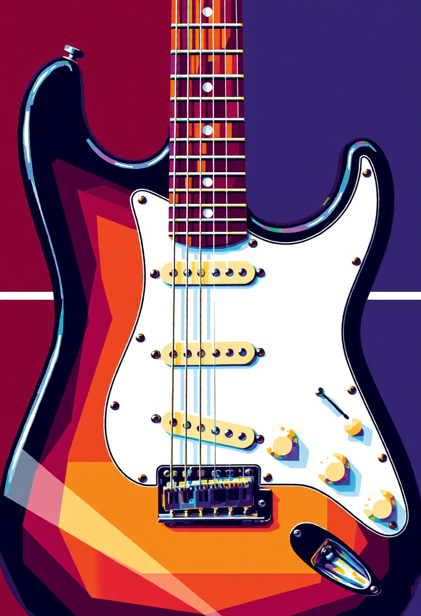 A detailed WPAP image of an electric guitar,  with the body,  strings on Tensor.Art