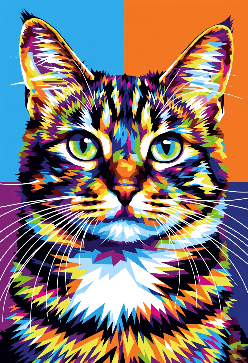 A whimsical WPAP portrait of a cat,  its fur and features stylized into a patchwork of distinct,  low-polygon color blocks...
