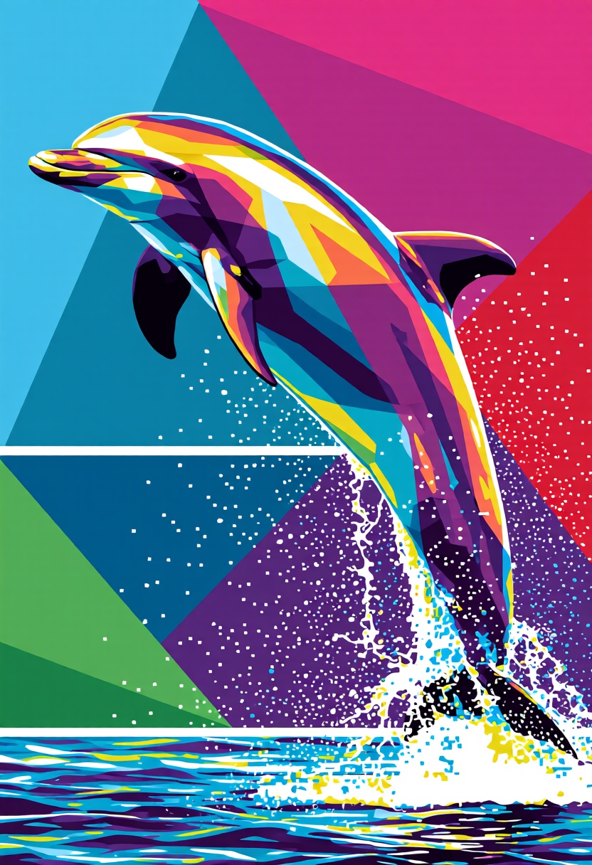 A dynamic WPAP scene of a jumping dolphin,  with the water splash and the dolphin's body rendered in a fluid yet geometric...
