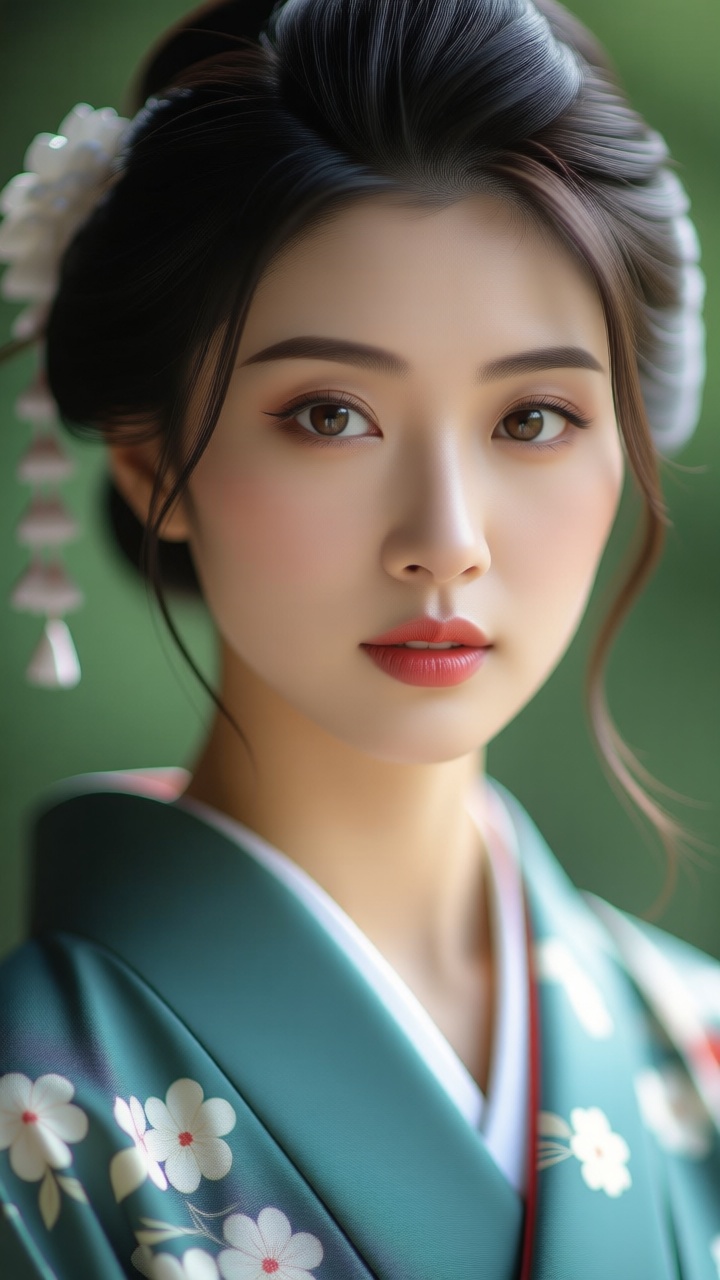 a close-up portrait of an Asian woman in a kimono-style dress on Tensor.Art