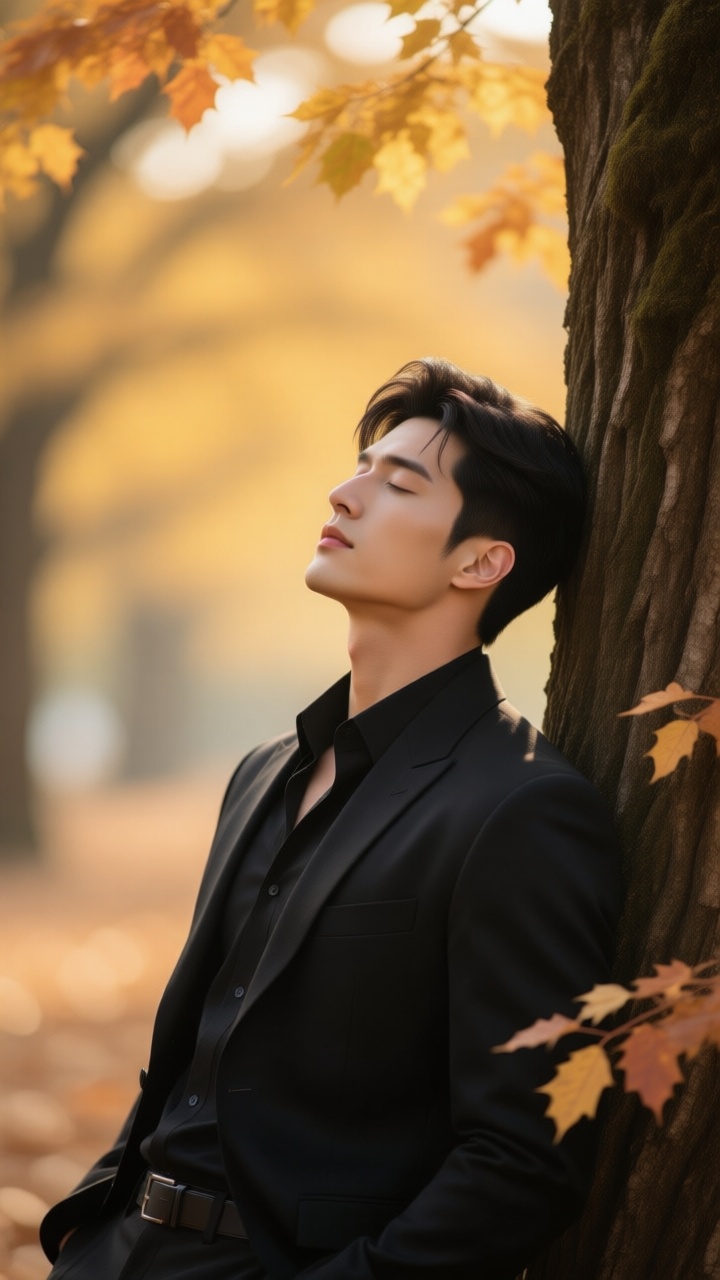 A handsome man in black,  With his back against a big tree,  Dream scene on Tensor.Art