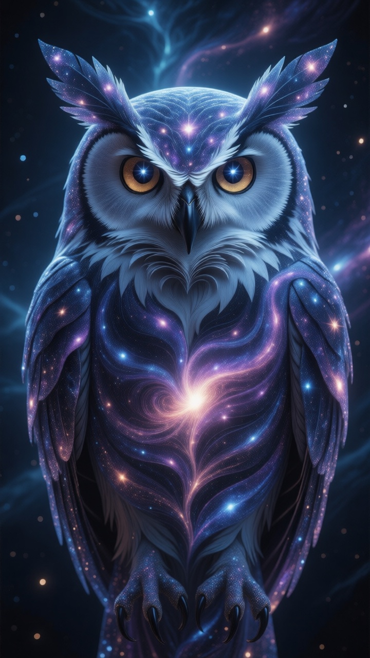 Ultra-detailed surreal artwork,  cosmic owl made of starlight and galaxies,  its feathers flowing into nebula streams on T...