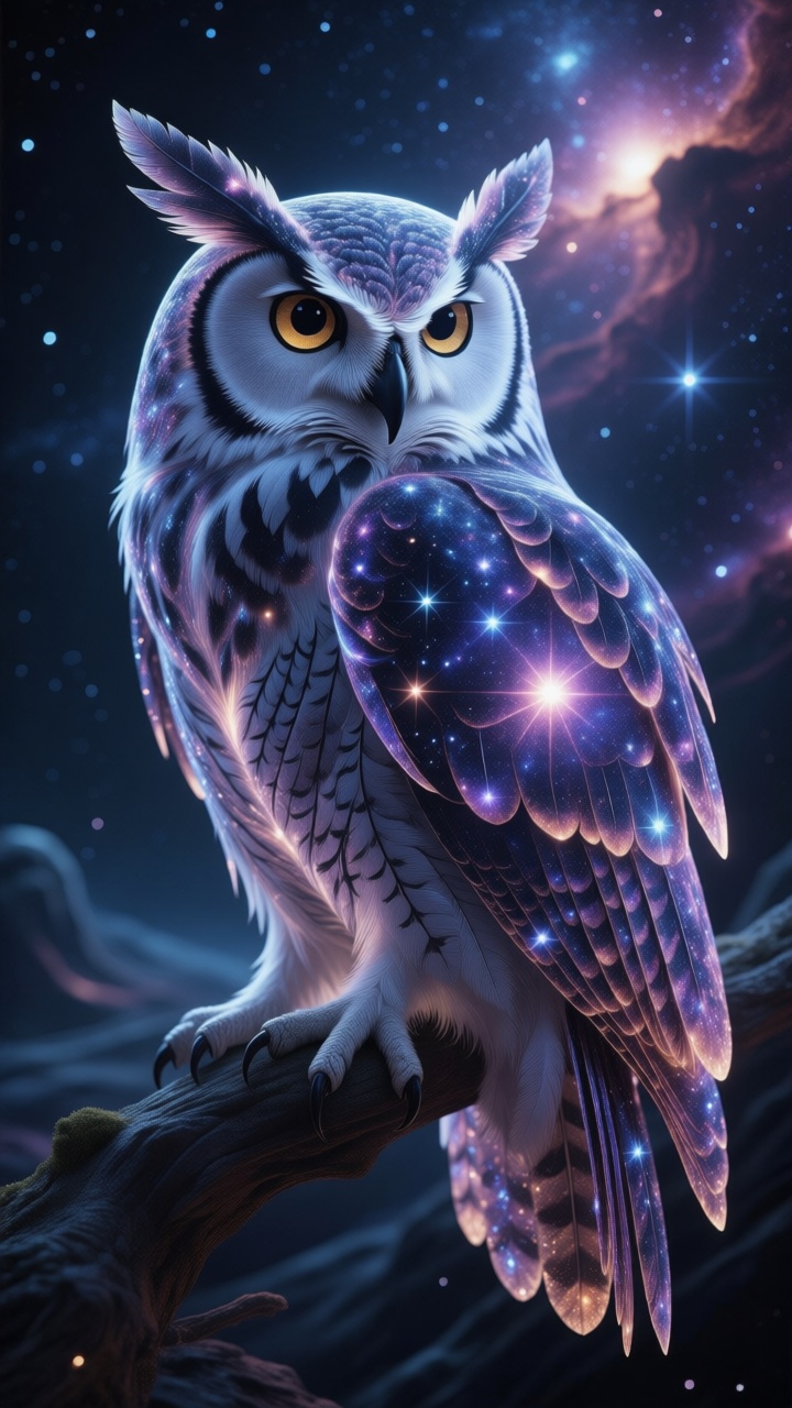 Ultra-detailed surreal artwork,  cosmic owl made of starlight and galaxies,  its feathers flowing into nebula streams on T...