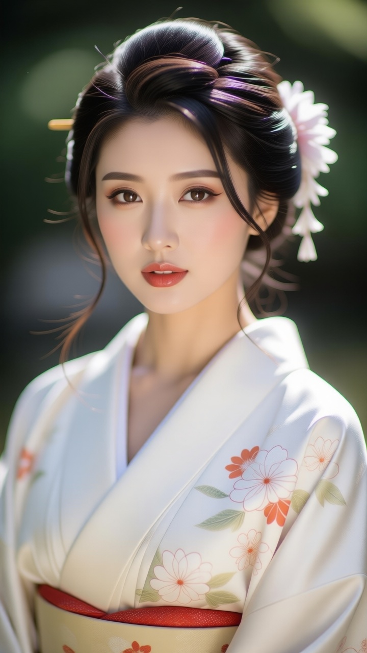 a close-up portrait of an Asian woman in a kimono-style dress on Tensor.Art
