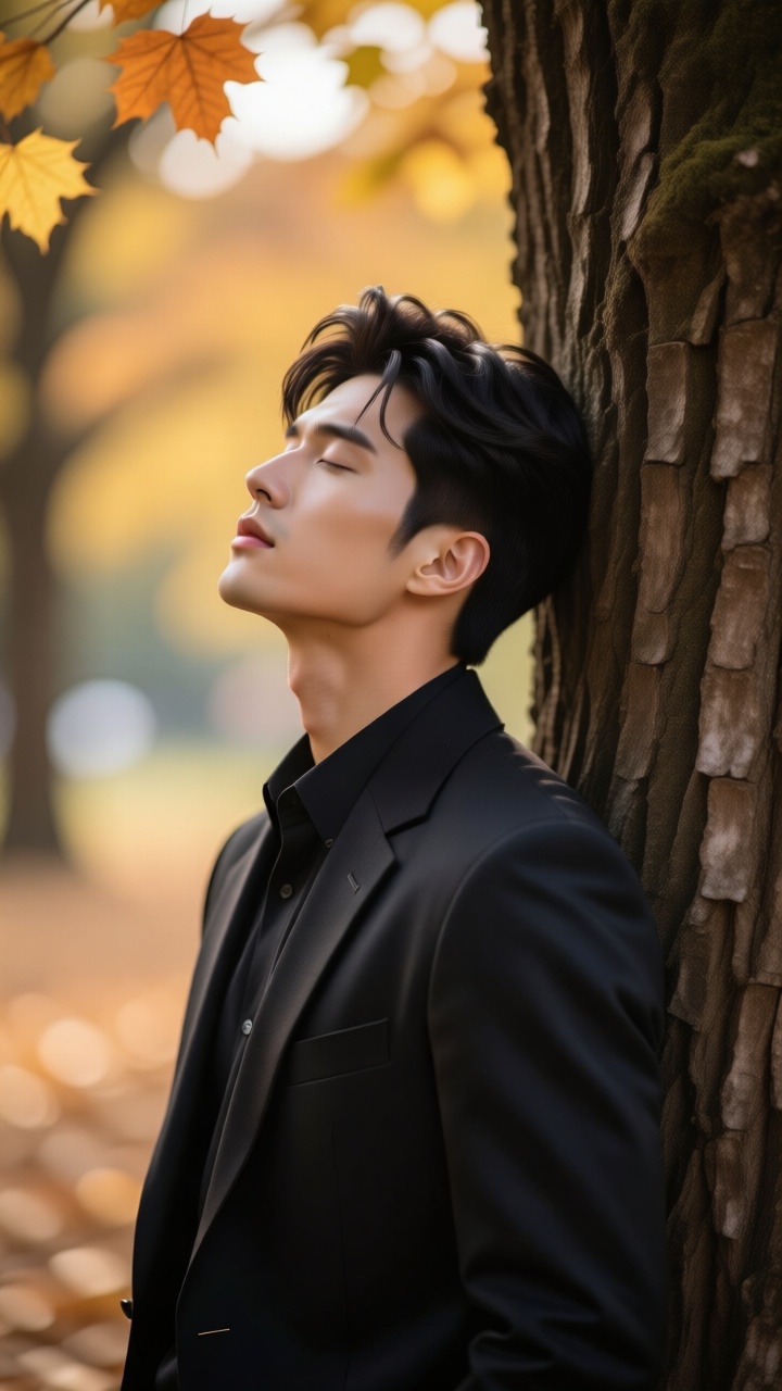 A handsome man in black,  With his back against a big tree,  Dream scene on Tensor.Art