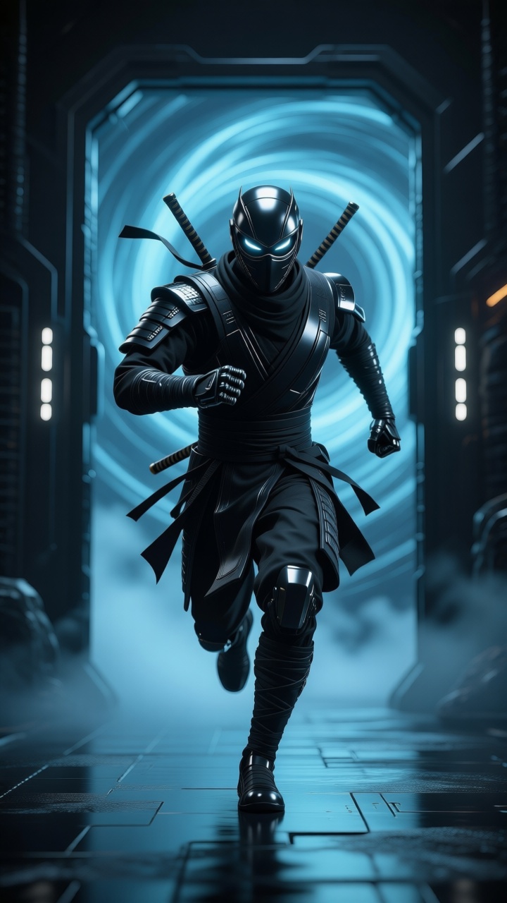 3D advanced style,  3D rendering,  a futuristic cyberpunk ninja running at full speed through the gate of time and space o...