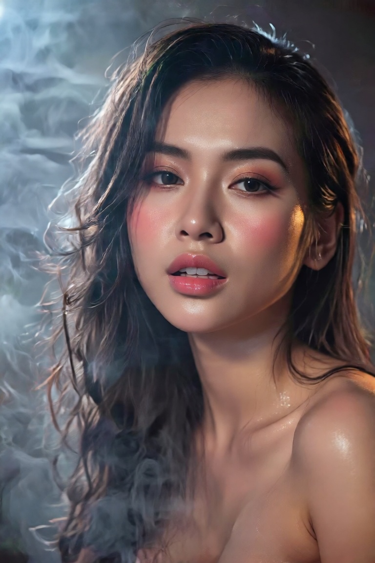 Close-up of a 24-year-old Vietnamese woman with elegant long hair,  ambient light from the side,  thin glossy lips on Tens...