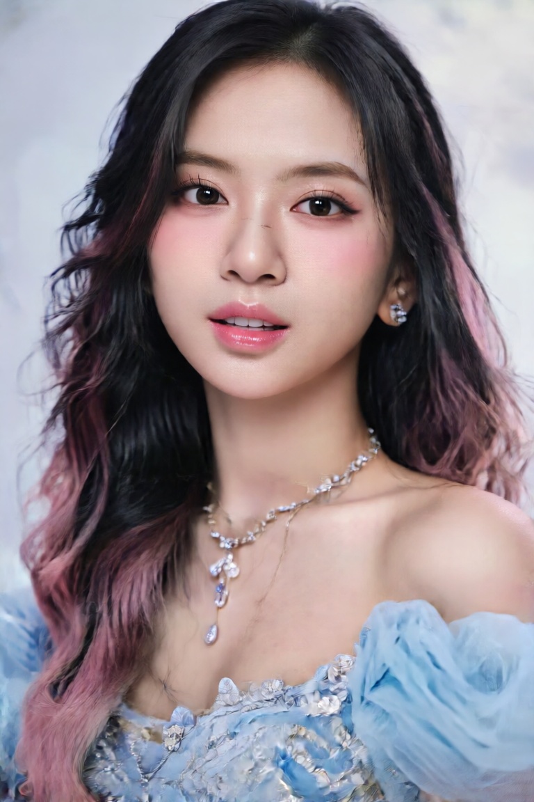 A portrait of an 18-year-old singer with perfect,  ultra-realistic skin and a gorgeous face. She has black mixed pink hair...