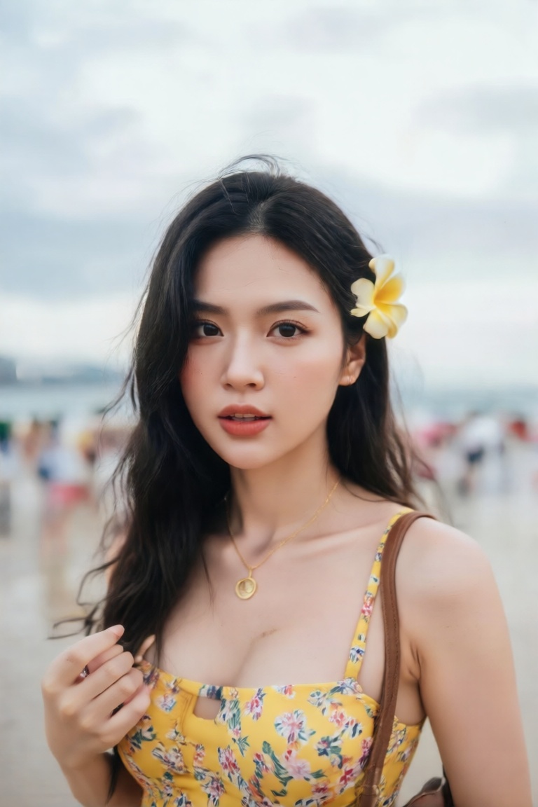 A high-resolution award-winning close-up portrait of a woman standing on a beach,  captured by a camera in the X passion s...