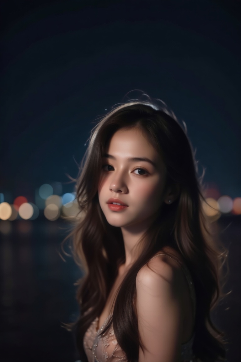 A cinematic nighttime aesthetic portrait of a solo girl with long hair. The background is blurred with bokeh,  creating a...