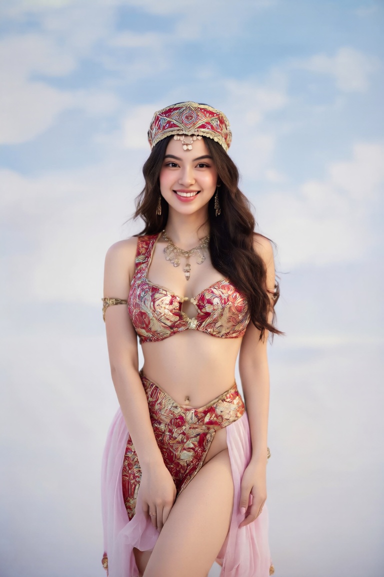A Byzantine girl in a sexy outfit,  standing in front view with an upper body shot. She has white beautiful skin and a smi...