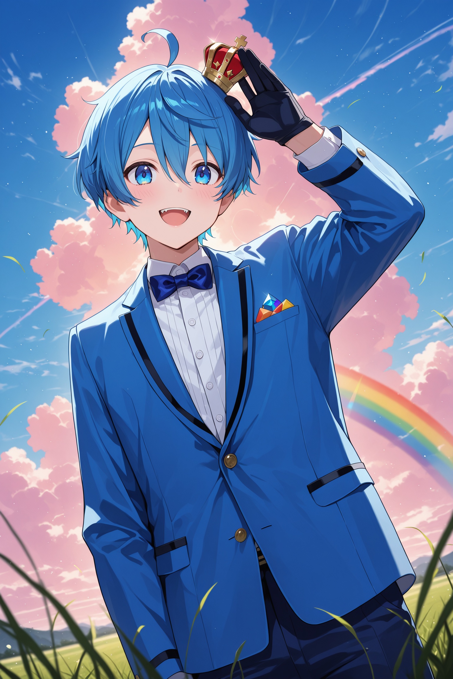 A teenage boy with short blue hair and an ahoge stands in a grassy field under a vibrant sky with clouds and a rainbow,  c...