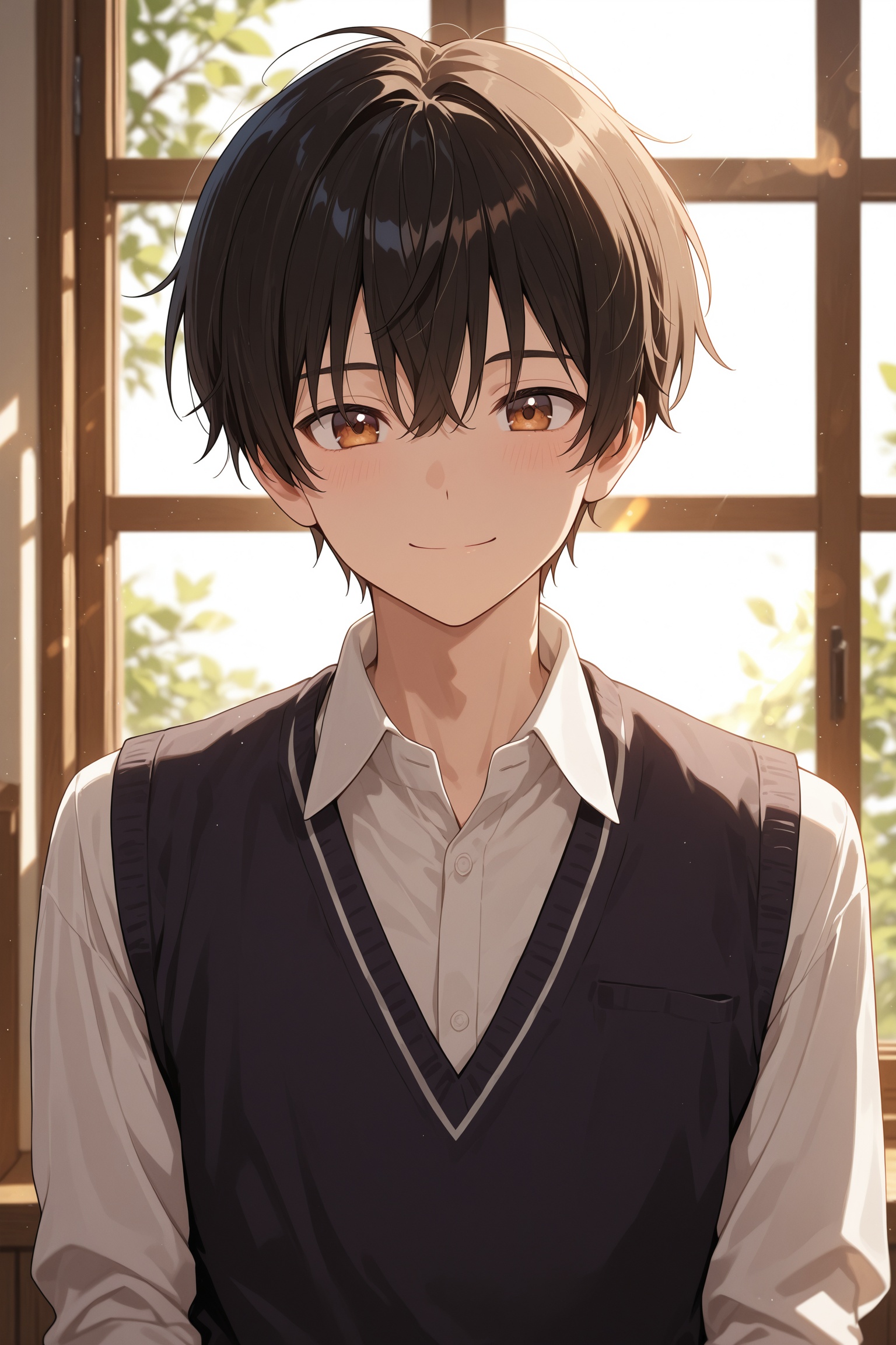 A teenage boy with short black hair and bangs stands indoors,  smiling at the viewer with closed mouth and warm brown eyes...