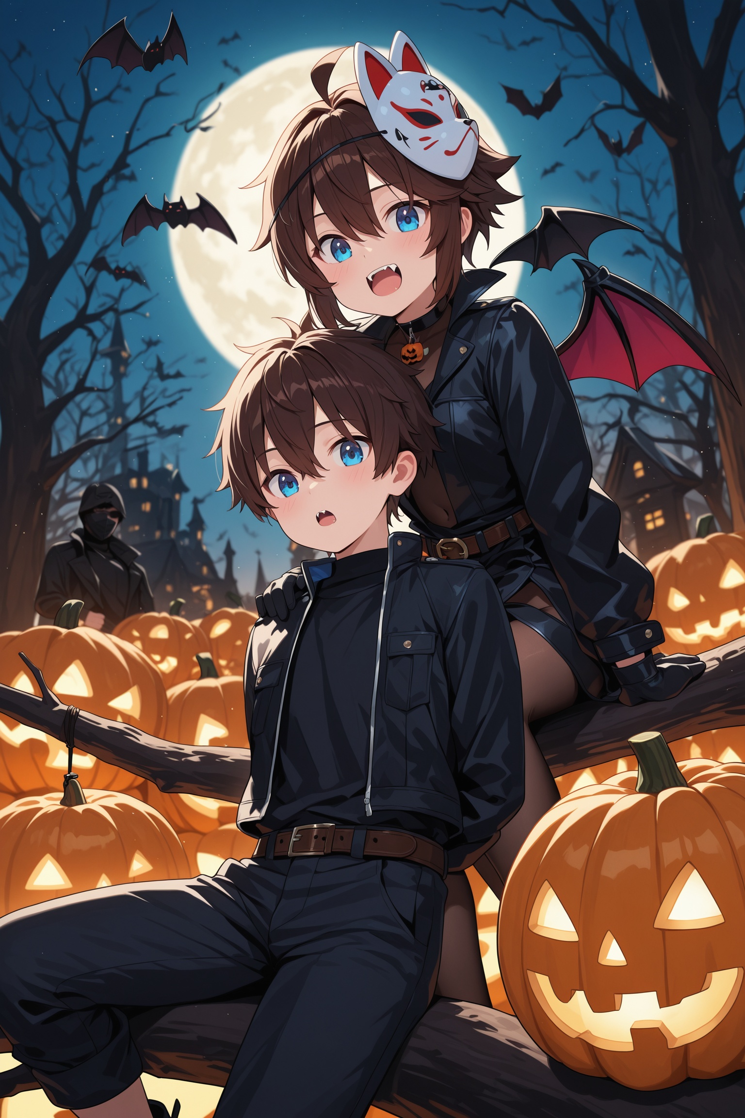 A teenage boy with short,  spiked brown hair and bangs sits on a tree branch under a Halloween moon,  wearing a black jack...
