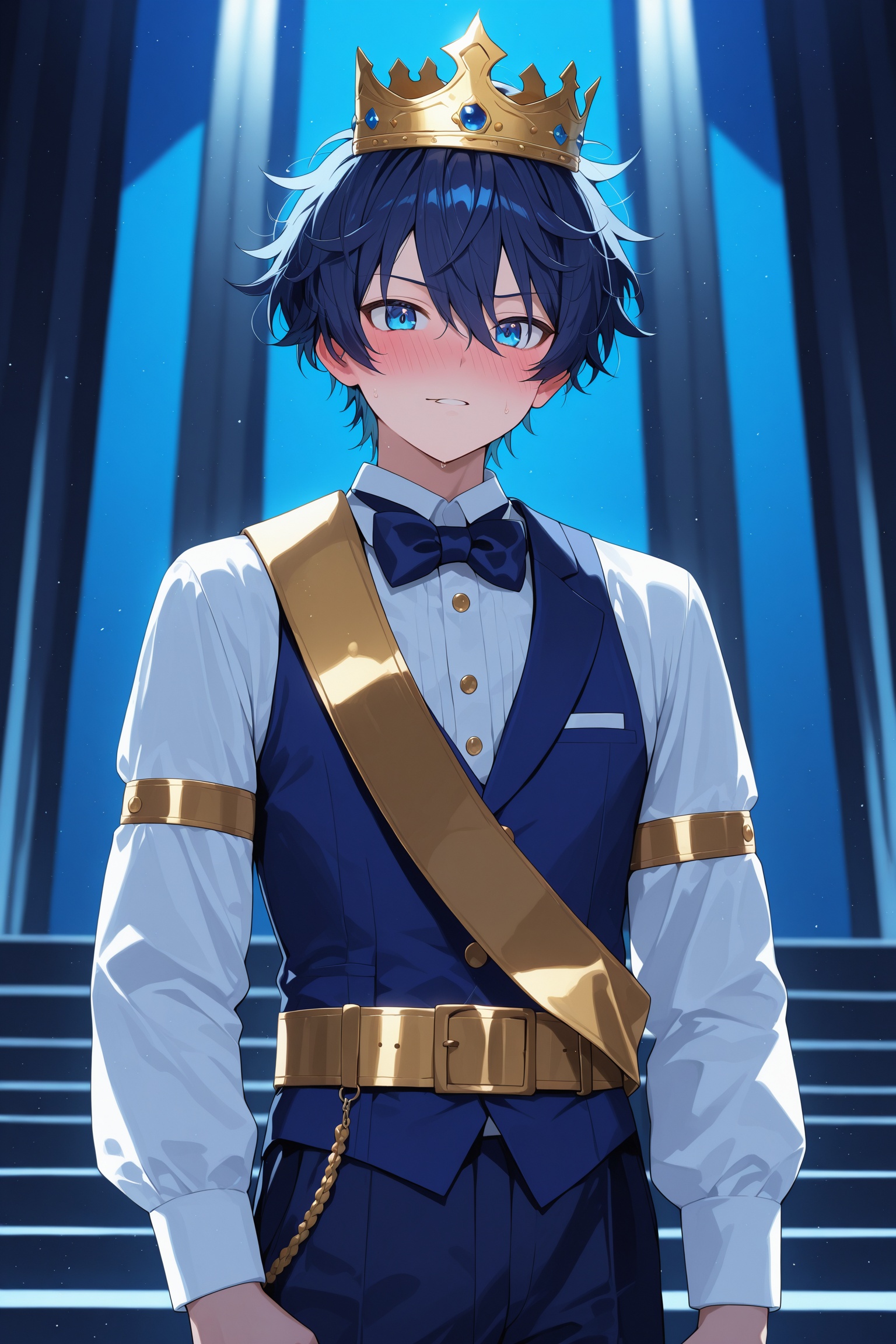 A teenage boy with short dark blue messy hair and bright blue eyes stands in a confident pose,  blushing slightly,  wearin...