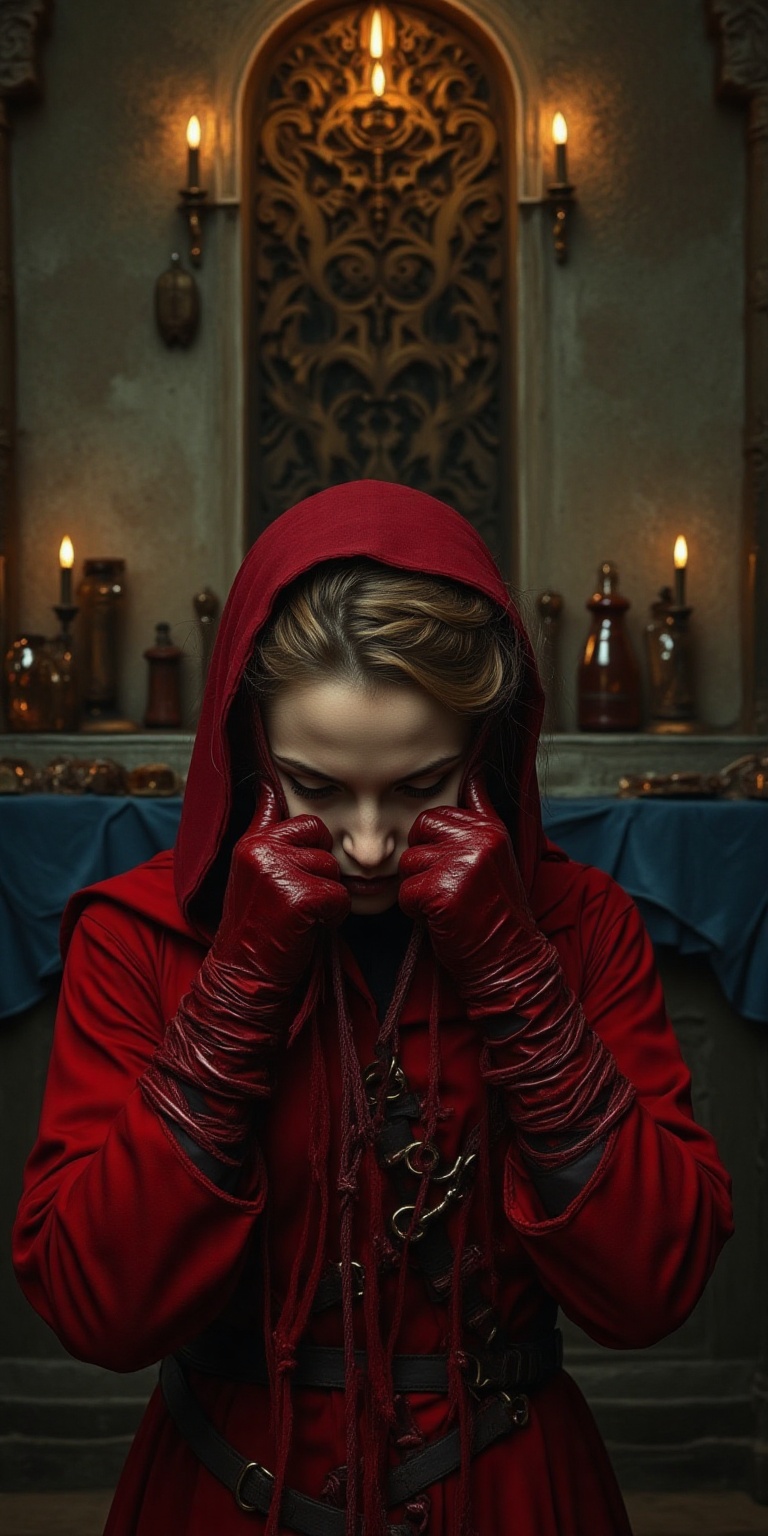 A pale-skinned woman in her late 20s,  her red-stained gloves adjusting ritual cords with precision. Her tightly braided h...