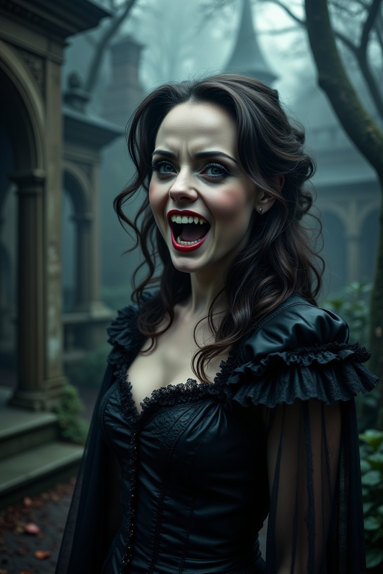 Cinematic depiction of Christina Grimdark as a beautiful Female Vampire,  mouth open,  fangs on Tensor.Art