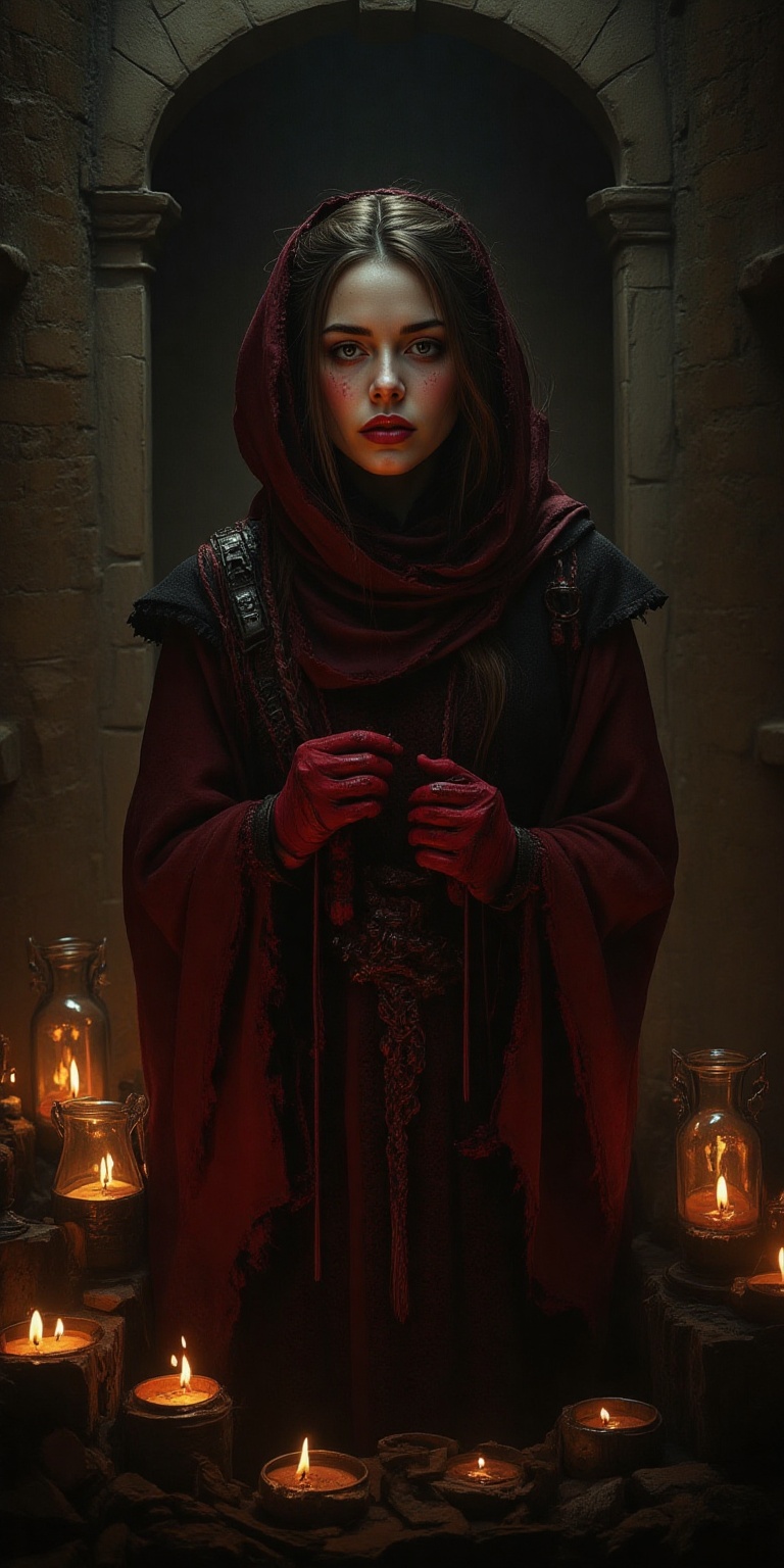 A pale-skinned woman in her late 20s,  her red-stained gloves adjusting ritual cords with precision. Her tightly braided h...