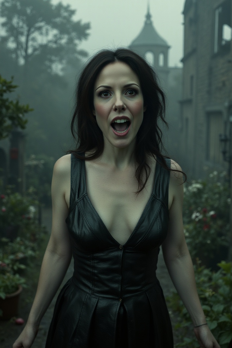 Cinematic depiction of Mary-Louise Parker as Female Vampire,  mouth open,  fangs on Tensor.Art