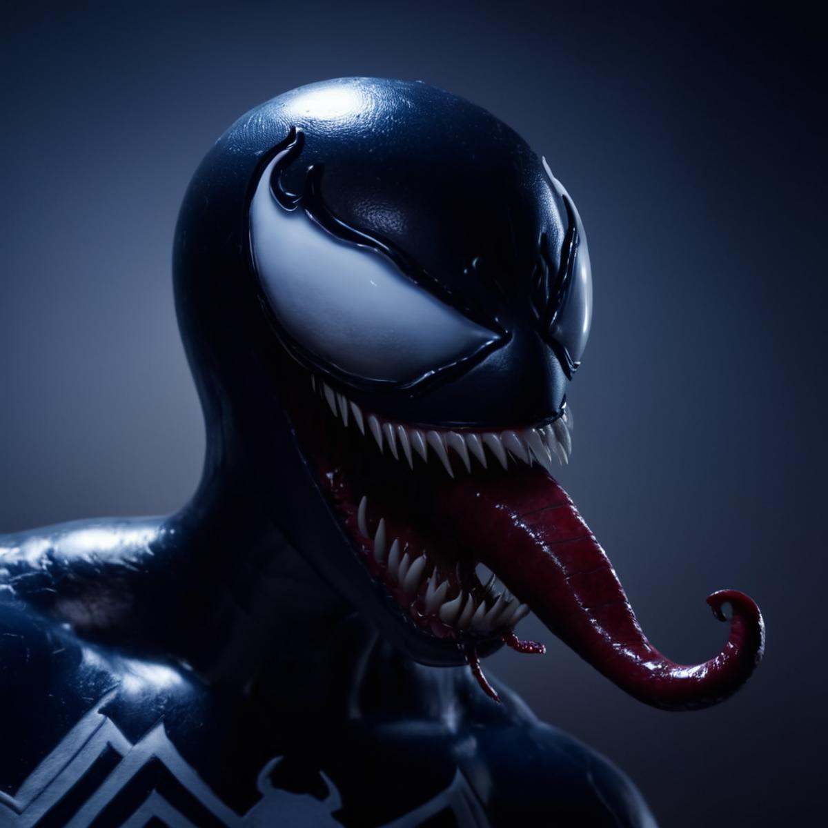 cinematic film still of Symbiote StyleA Symbiote Suit of a close up of a venom person with a creepy face,  Spider-Man Symb...