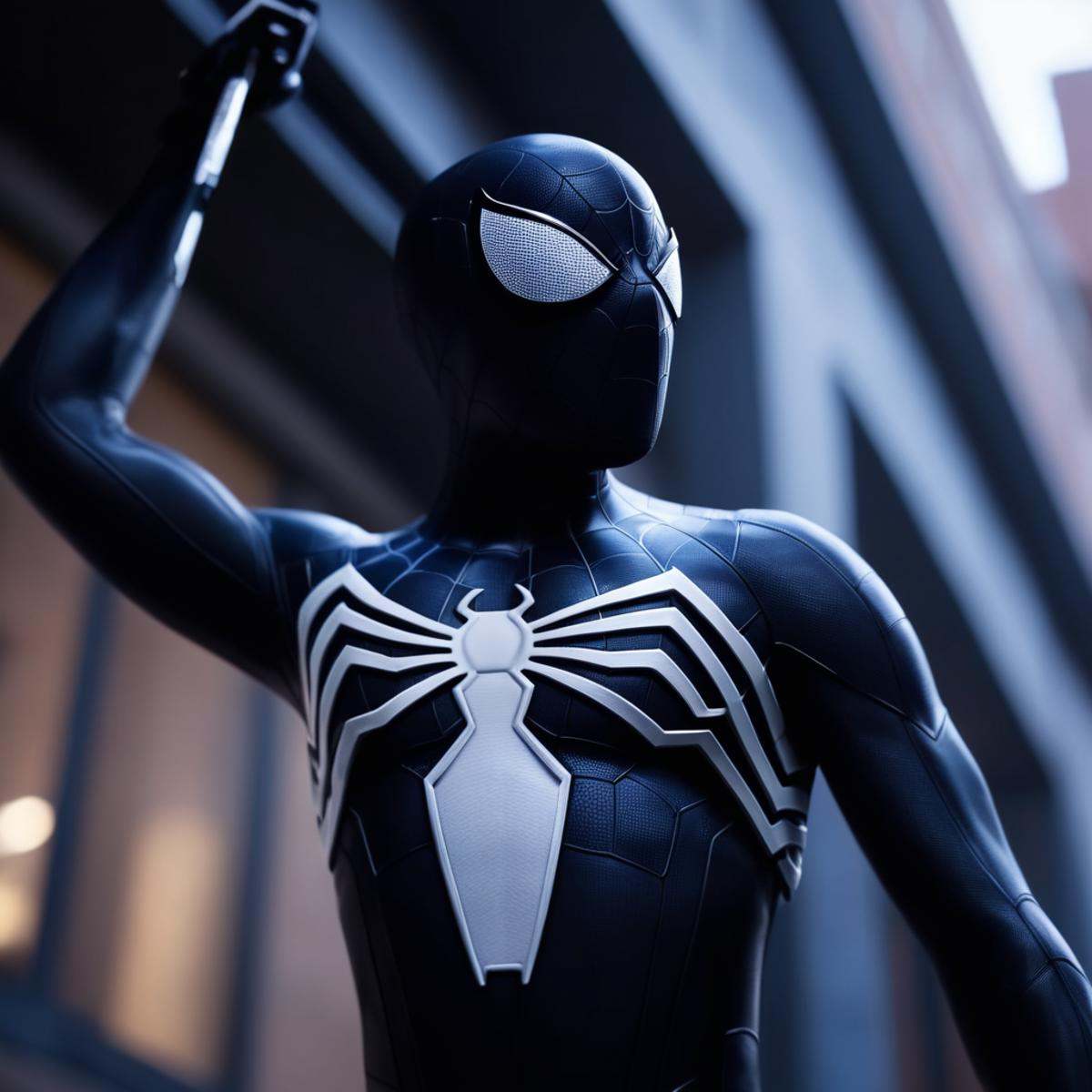 cinematic film still of A Symbiote Suit of a spider - man is hanging from a building,  Spider-Man Symbiote Suit,  solo on...