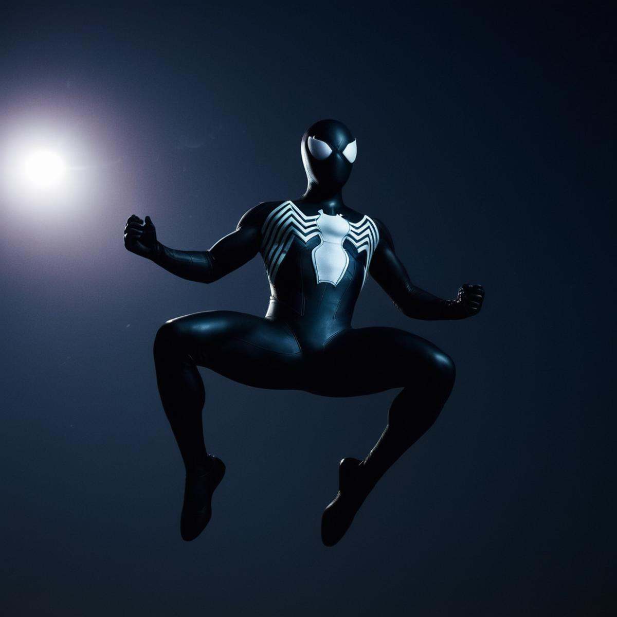 cinematic film still of Symbiote StyleA Symbiote Suit of a man in a black suit is jumping in air with a big moon and bats...