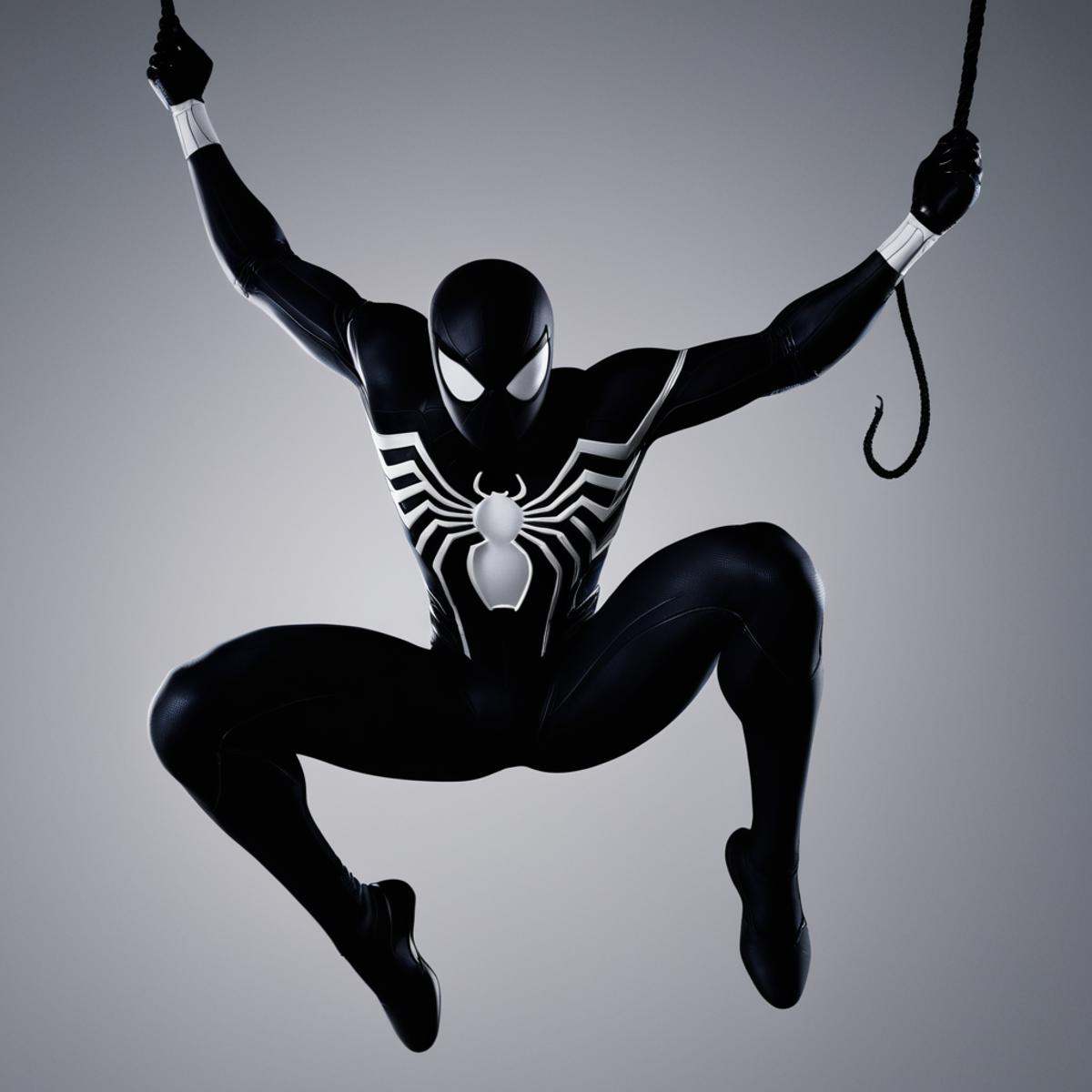 cinematic film still of A Symbiote Suit of a drawing of a spider - man hanging from a rope web swingi,  Spider-Man Symbiot...