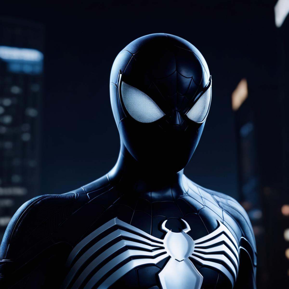 cinematic film still of A Symbiote Suit of a man in a spider suit with glowing eyes,  Spider-Man Symbiote Suit,  solo on T...