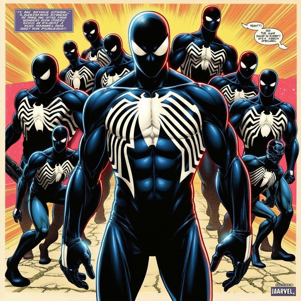 comic book art of retro style dark cinematic comic book art style A Symbiote Suit of a comic book page with a spider - man...