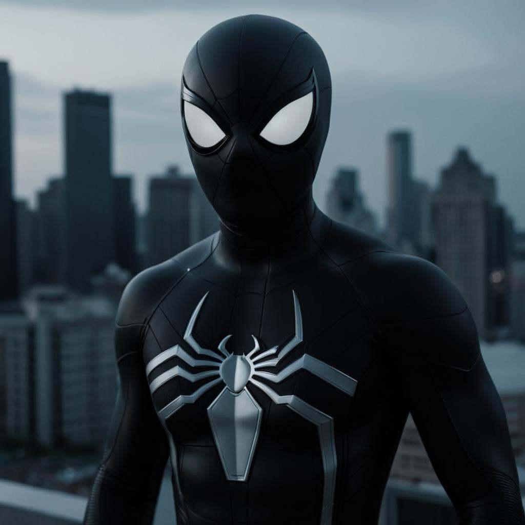 cinematic film still of realistic dark cinematic comic book art style A Symbiote Suit of a man in a spider suit with a spi...
