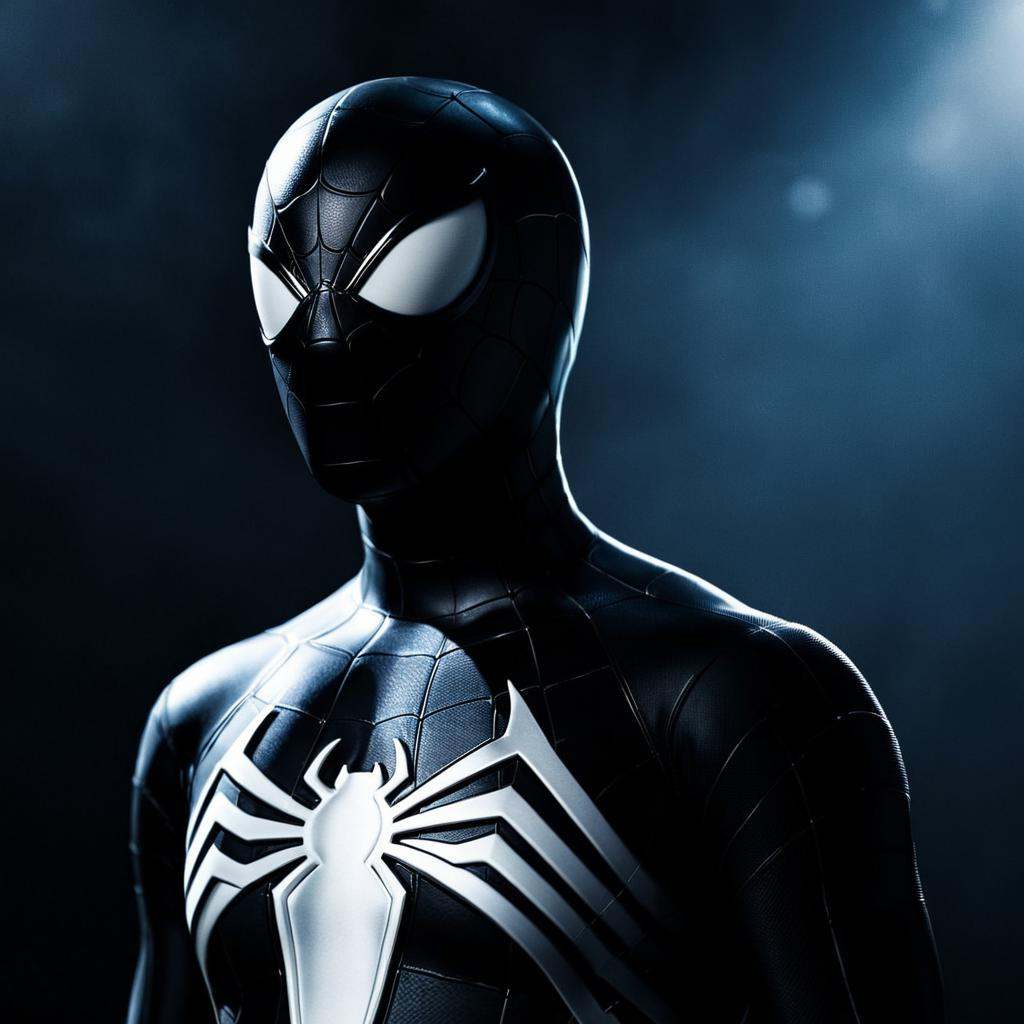 cinematic film still of 3D dark cinematic comic book art style A Symbiote Suit of a close up of a spider - man with a blac...