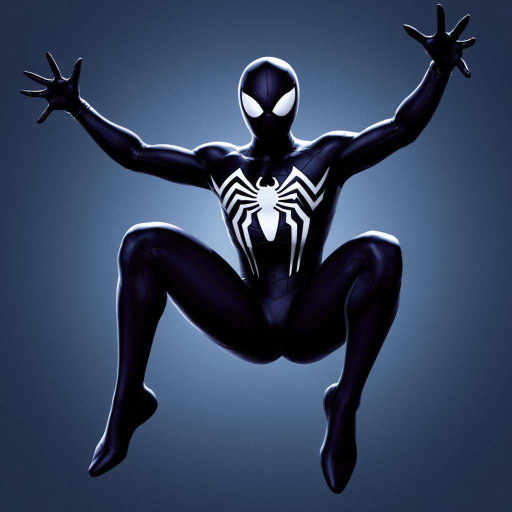 anime artwork of dark cinematic comic book art style A Symbiote Suit of a man in a spider suit is jumping in the air,  Spi...