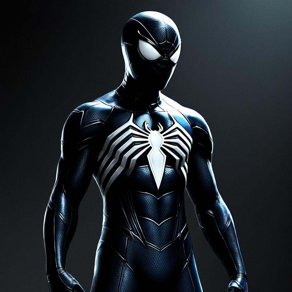 comic book art of dark cinematic comic book art style A Symbiote Suit of a statue of a spider - man with a spider - man su...