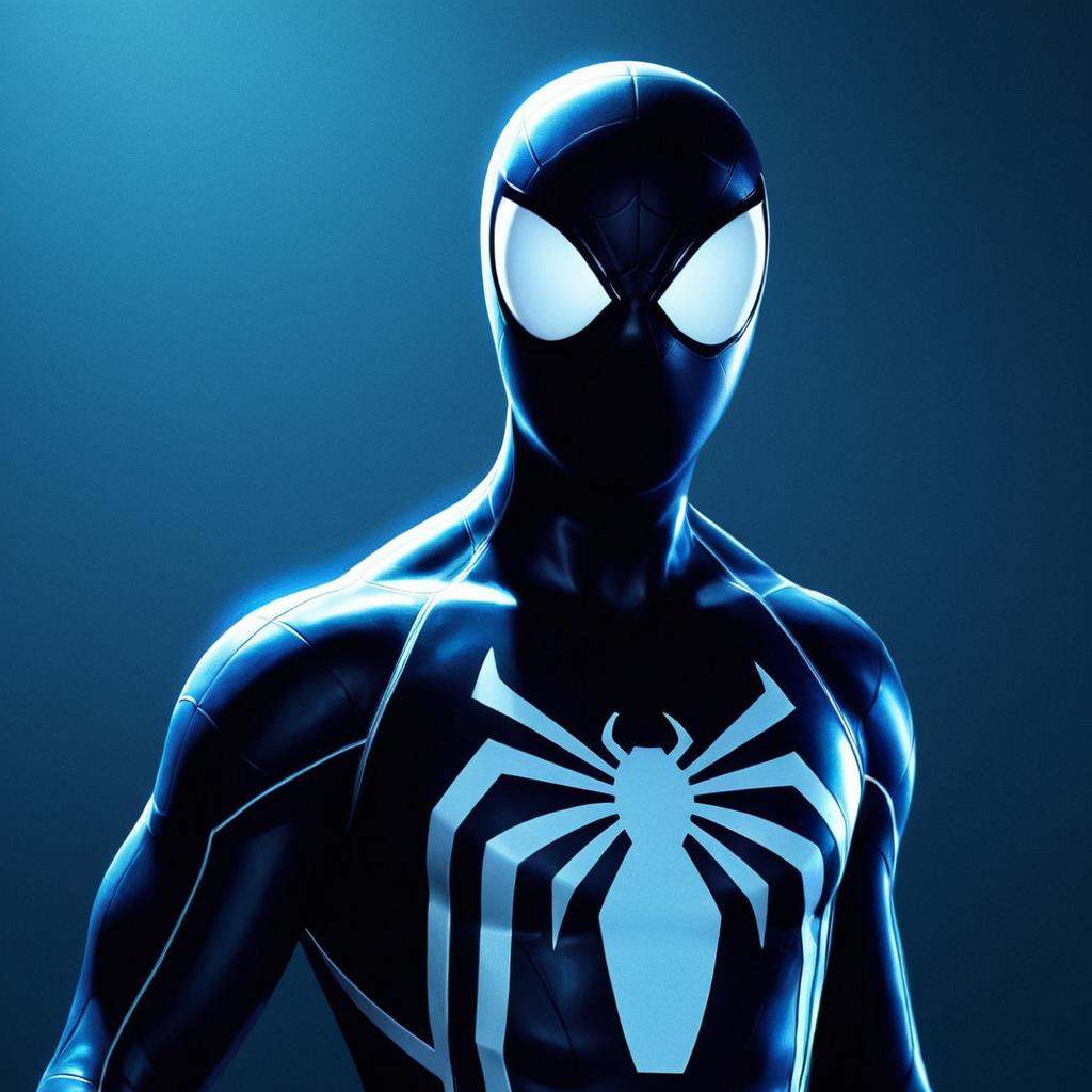 anime artwork of dark cinematic comic book art style A Symbiote Suit of a surprised looking man in a spider suit with glow...