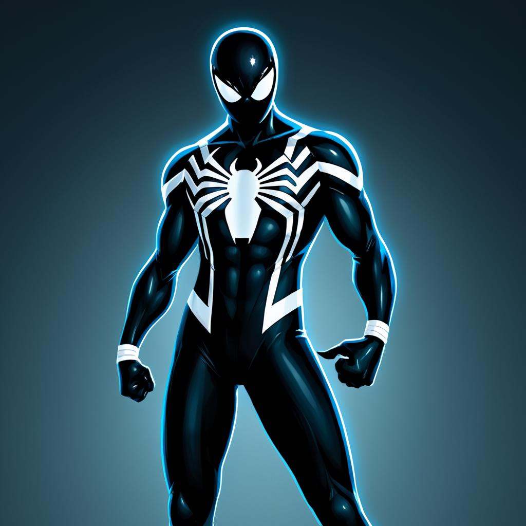 anime artwork of dark cinematic comic book art style A Symbiote Suit of a man in a black suit with a white spider - man fa...