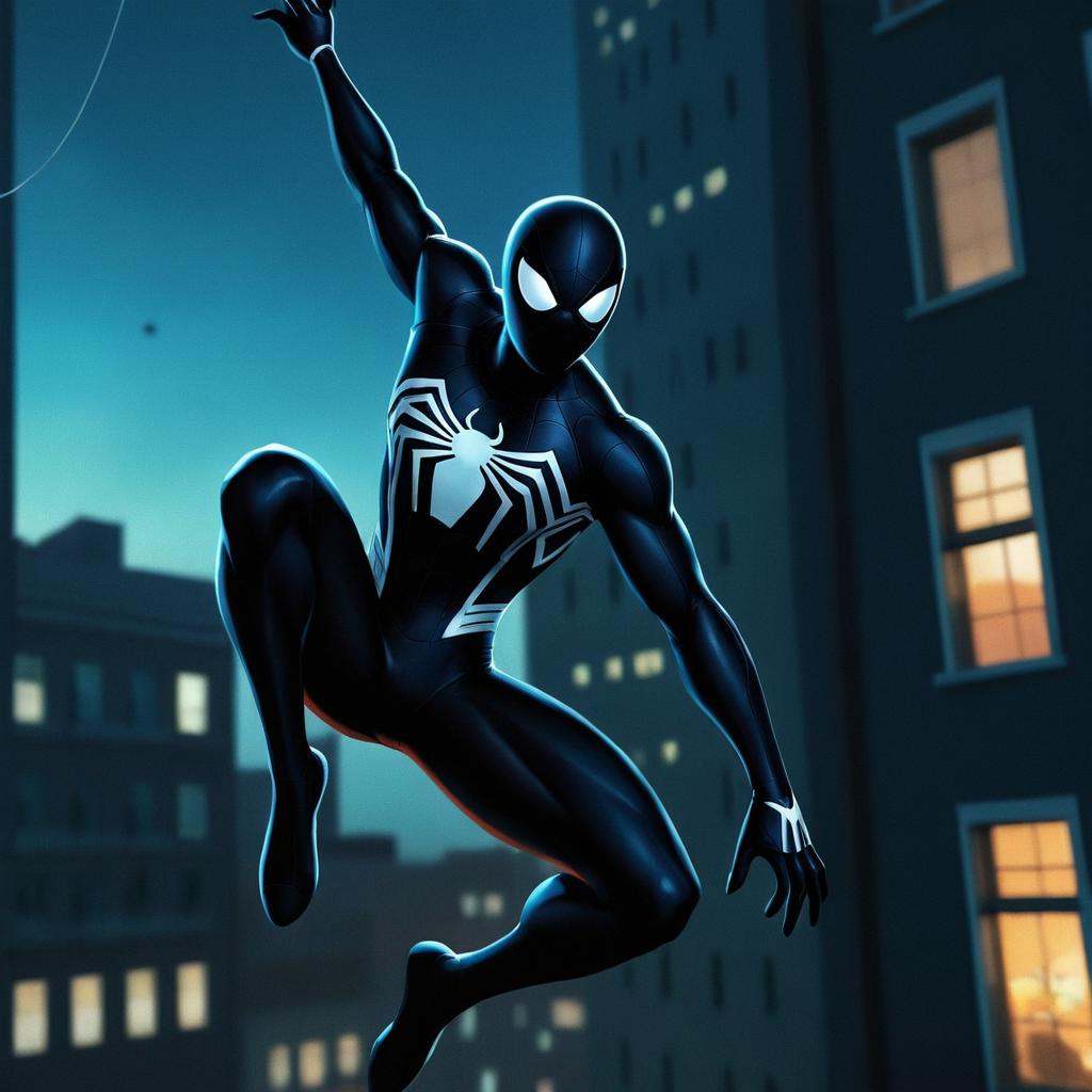 anime artwork of dark cinematic comic book art style A Symbiote Suit of a spider - man glowing white eyes is hanging from...