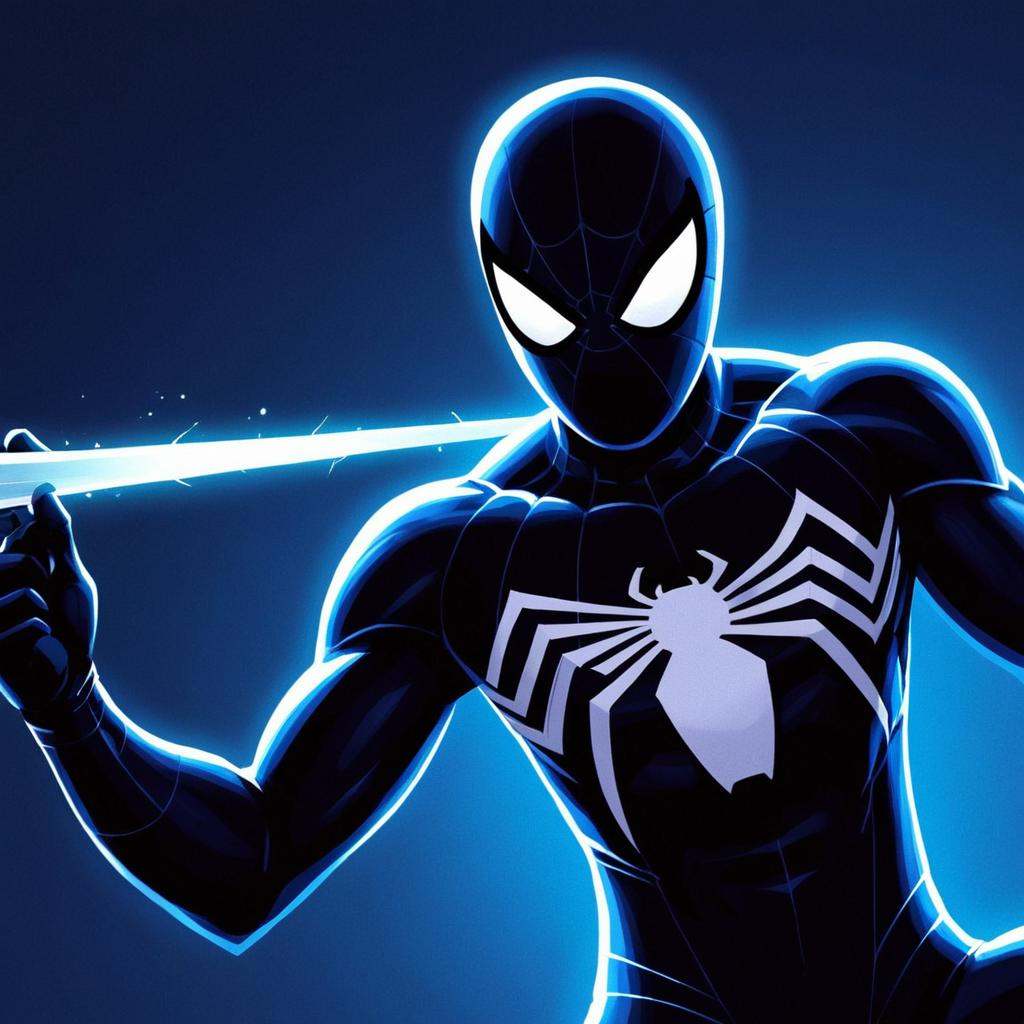 anime artwork of dark cinematic comic book art style A Symbiote Suit of a man in a spider - man suit shooting web with his...