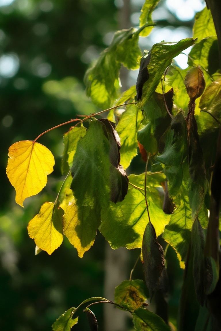 Light and shadow,  The image depicts a close-up view of leaves in various stages of decay illuminated by sunlight. The lea...