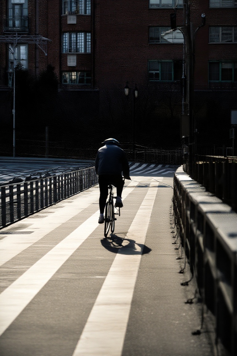 Light and shadow,  The image depicts a person riding a bicycle on a bridge or elevated roadway. The scene is characterized...