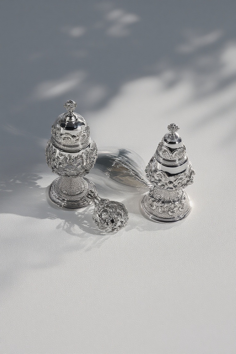 Light and shadow,  The image shows two ornate metal objects likely made of silver or a similar reflective material placed...