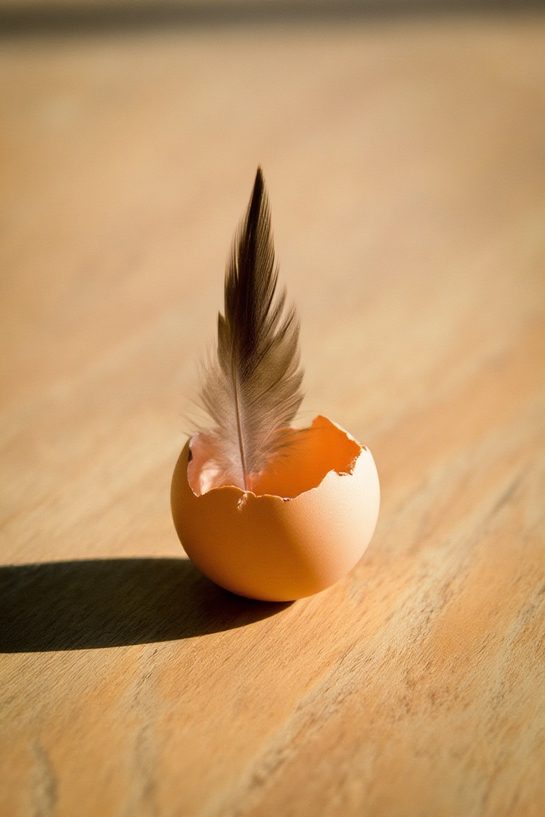 Light and shadow,  The image depicts an eggshell that has been cracked open with a small feather emerging from it. The egg...