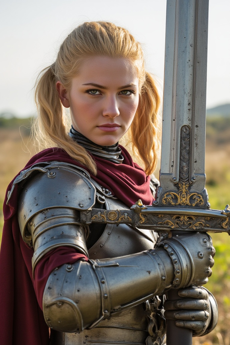 A muscular yet youthful woman with twin blonde ponytails,  wearing heavy and overly ornate armor,  holding a large dented...