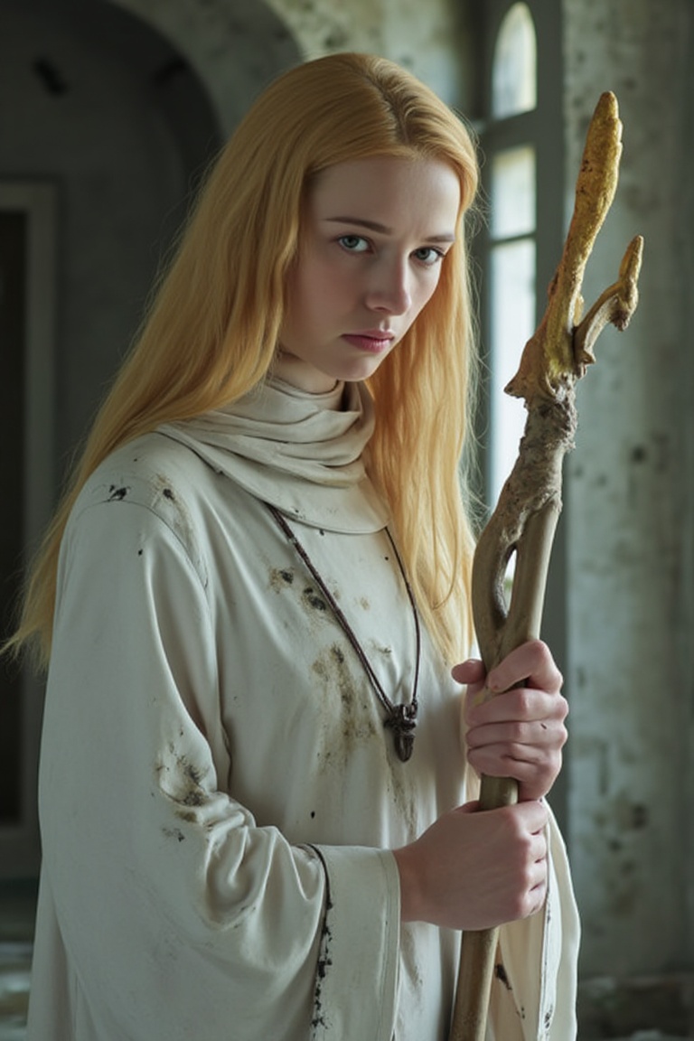 A pale-skinned young woman with long blonde hair,  wearing a white cleric robe with dirt stains and patches,  holding a fa...