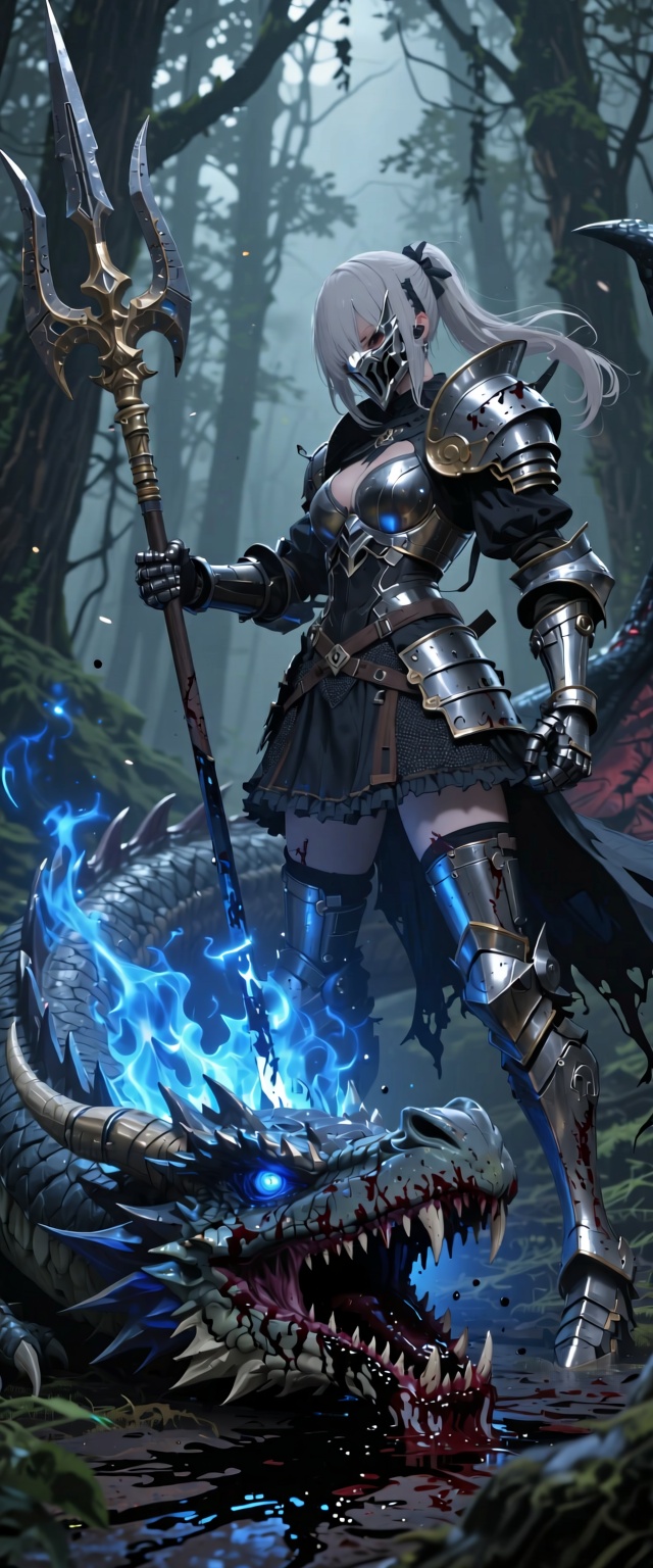 hyperrealistic,  Fate Grand Order - in a fantasy forest,  a woman in abandoned steel knight mecha heavy armor dress holdin...