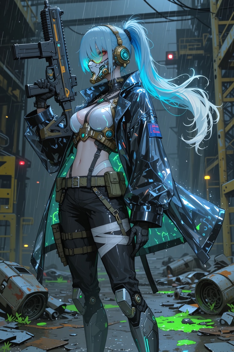 Highly realistic full body pin-up illustration of a tough and radiant cyber rebel female figure,  retro-futuristic style,...